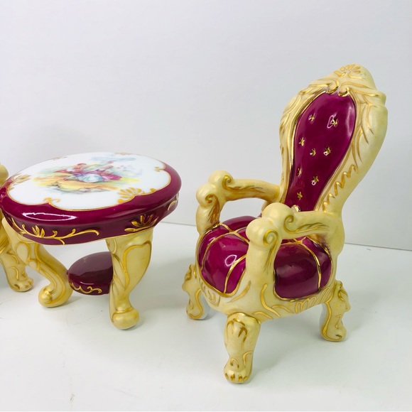 Vintage 1898 China Company Miniture Porcelain Dollhouse Table & Chairs Set of 3 - Picture 2 of 10